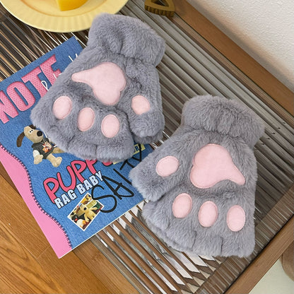 Lovely Plush Cat Paw Gloves Warm Fingerless Mittens Soft Fluffy Bear Claw Costume Short Half Finger 12
