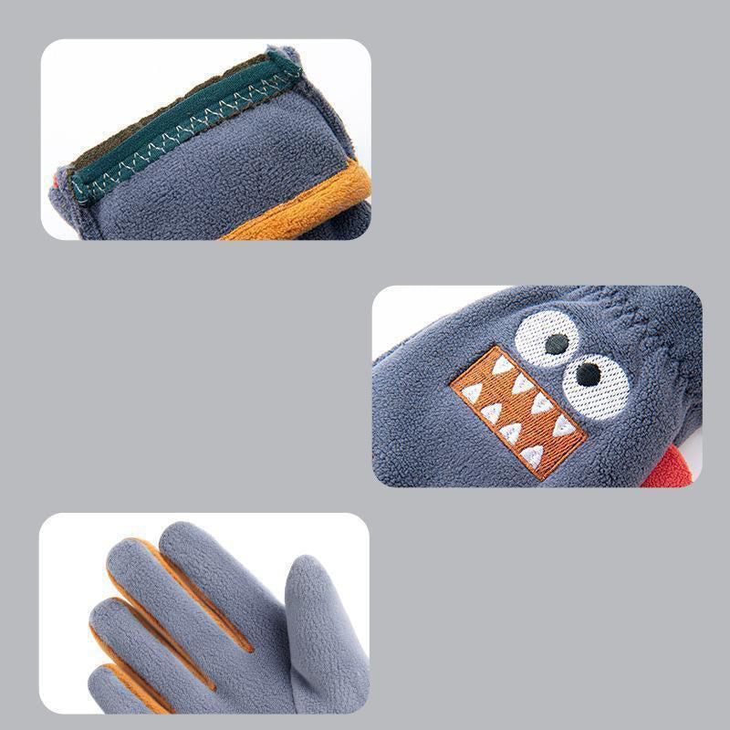 Children Cycling Gloves, Cute Cartoon Warm Gloves, Autumn Winter Polar Fleece, Windproof Soft Outdoor Kids Gloves