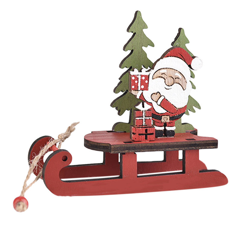 Wooden Christmas Ornaments Sleigh Santa Claus Snowman Elk Pendant Christmas Tree Decor Home Party D 5
