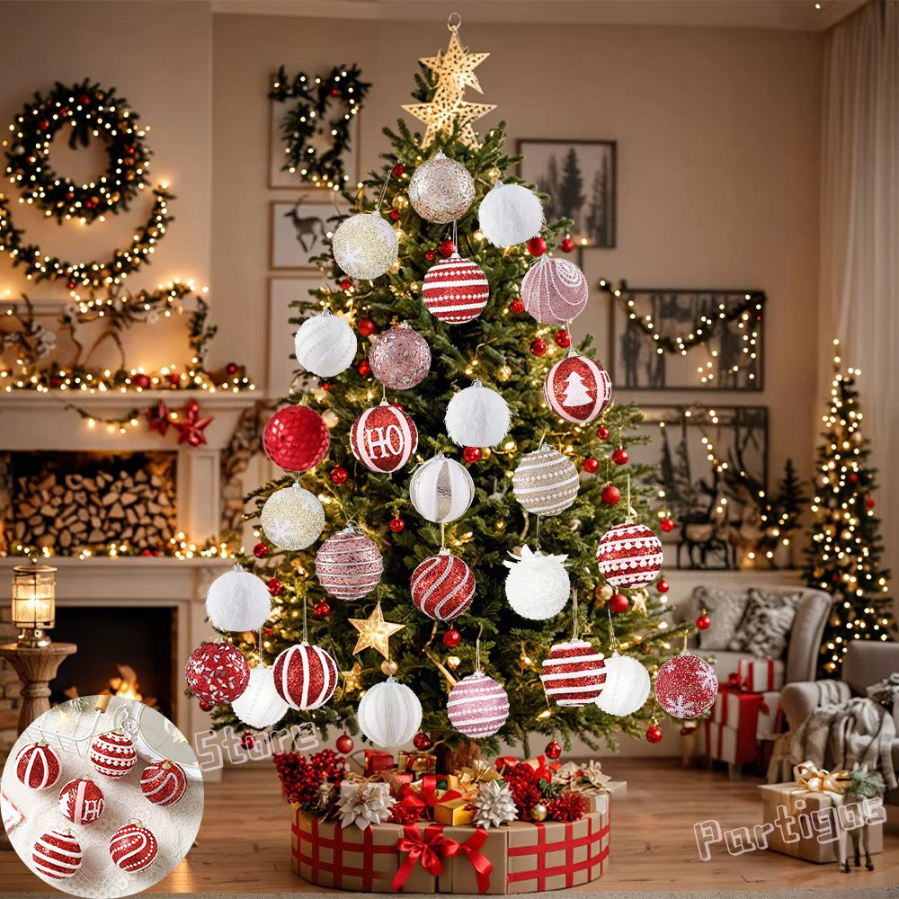 Christmas Ball Ornaments 6pcs 8cm, Red White Hanging Tree Decorations, Holiday New Year Navidad Home Decor