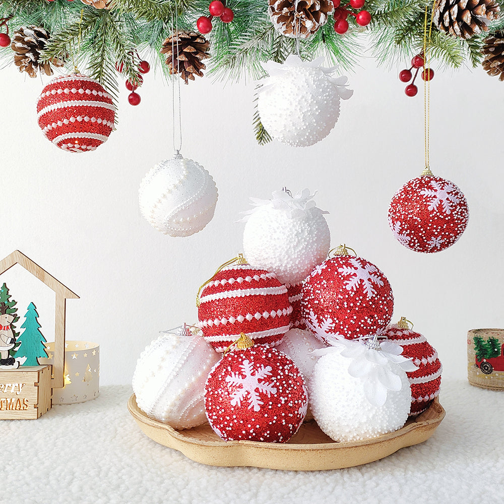 Christmas Ball Ornaments 6pcs 8cm, Red White Hanging Tree Decorations, Holiday New Year Navidad Home Decor