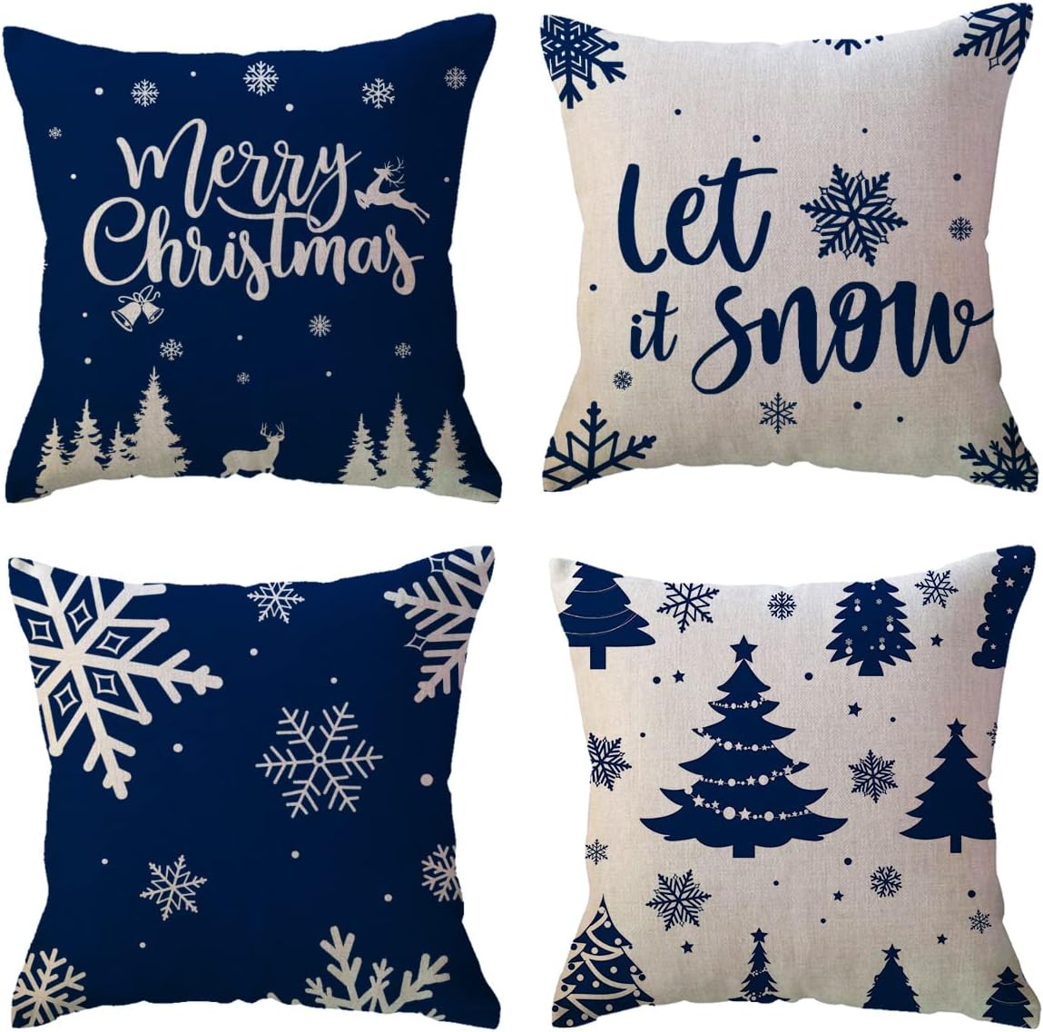 Blue Snowflake Tree Merry Christmas Cushion Cover, Winter Holiday Pillow for Sofa, Porch, and Home Decoration