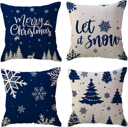 Blue Snowflake Tree Merry Christmas Cushion Cover, Winter Holiday Pillow for Sofa, Porch, and Home Decoration