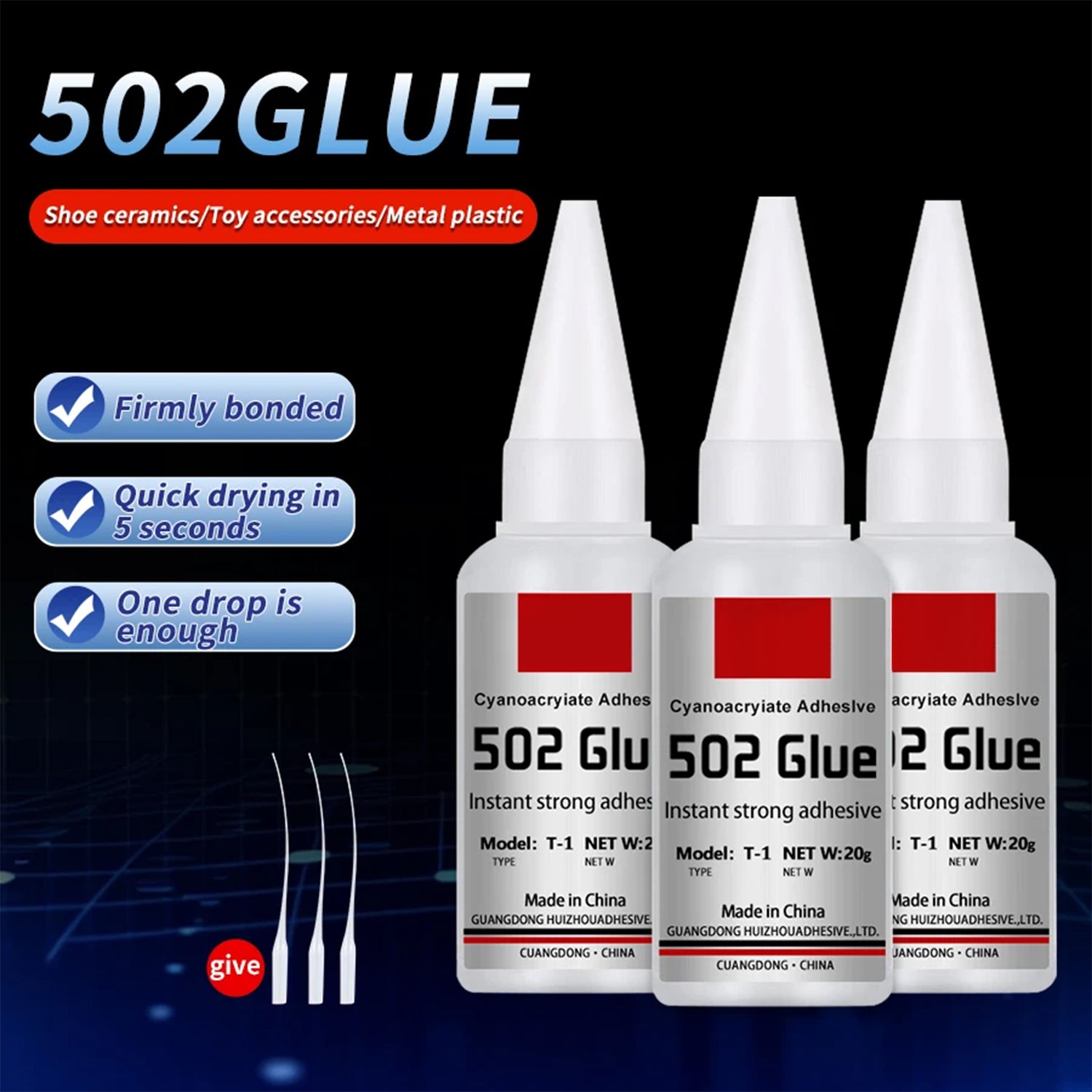 Instant Quick-drying 502 Super Glue, Strong Bond Cyanoacrylate Adhesive, Metal Rubber Leather Wood Liquid Glue Tool