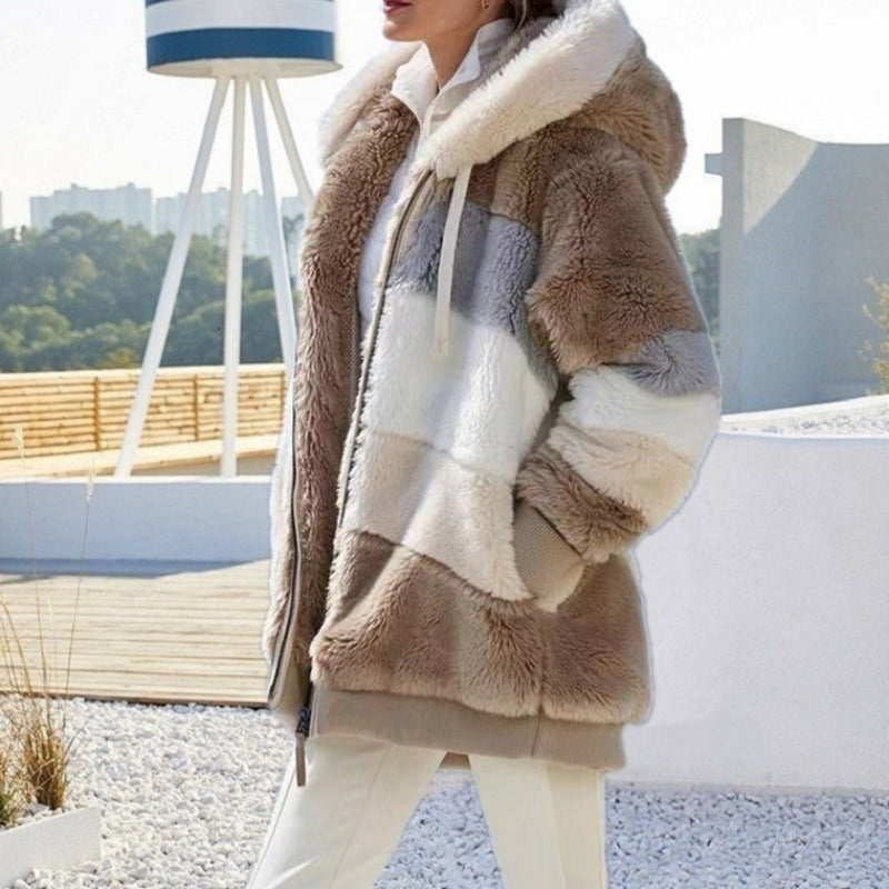 Oversized Hooded Street wear Jacket for Women, New Winter Warm Plush Pocket Loose Lady Outer wear Coat