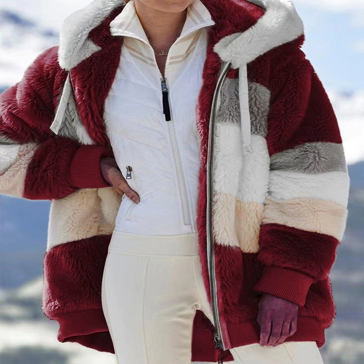 Oversized Hooded Street wear Jacket for Women, New Winter Warm Plush Pocket Loose Lady Outer wear Coat