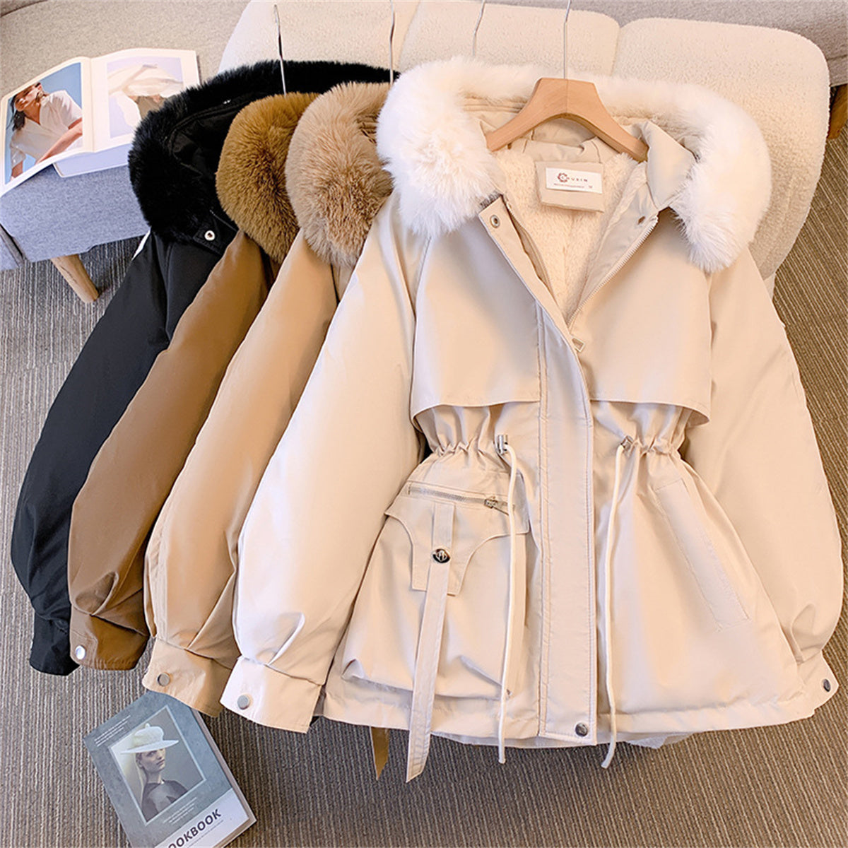 Women Winter Fashion Coats, Hooded Drawstring Jacket, Solid Padded Zip Up Parka, Casual Autumn Street wear Outfit