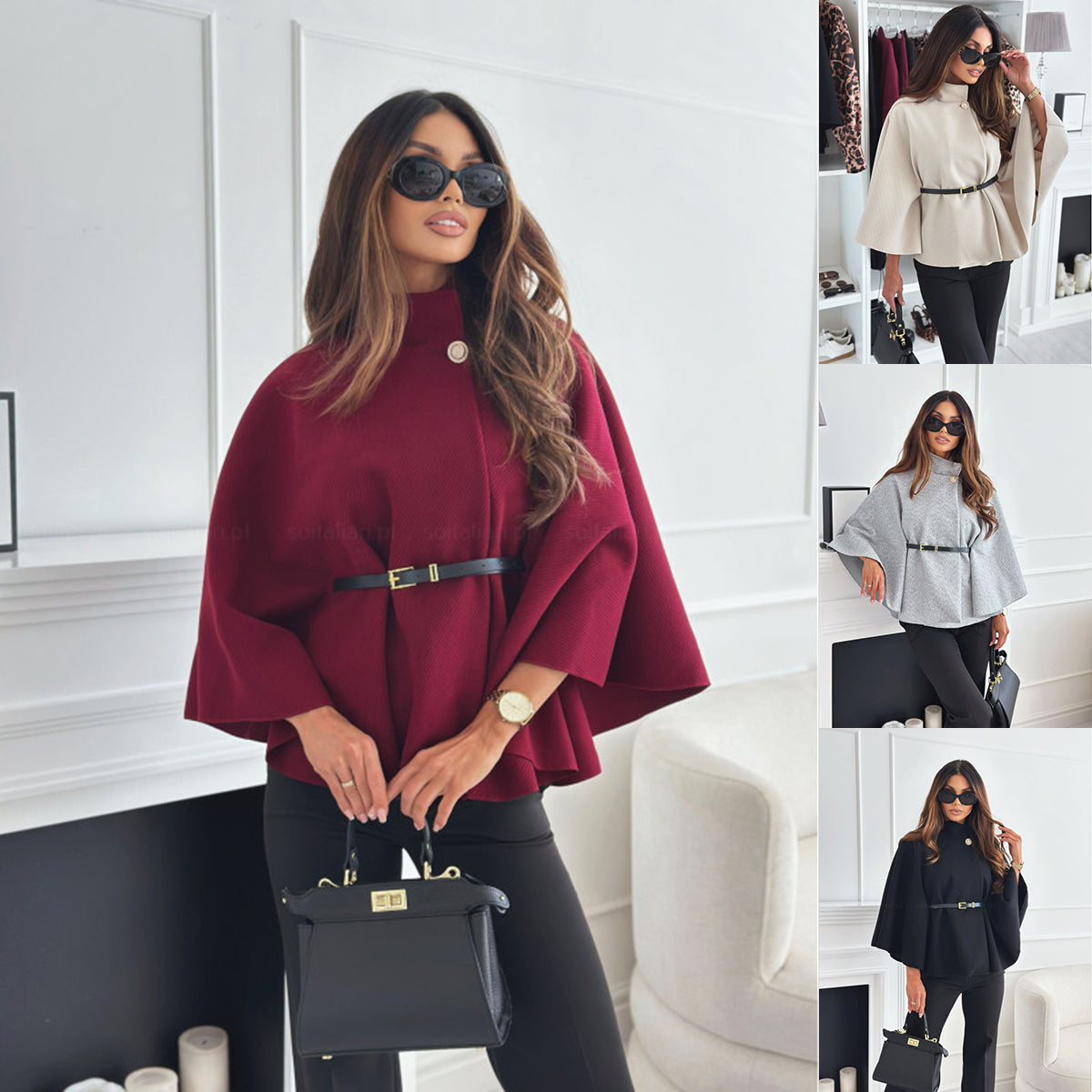 Women Tweed Waist Cinching Poncho, Autumn Winter Loose Outwear, Single Buckle Sleeve Coat Elegant Lady Trend