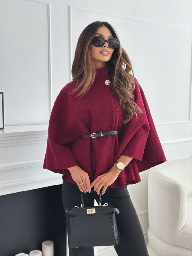 Women Tweed Waist Cinching Poncho, Autumn Winter Loose Outwear, Single Buckle Sleeve Coat Elegant Lady Trend