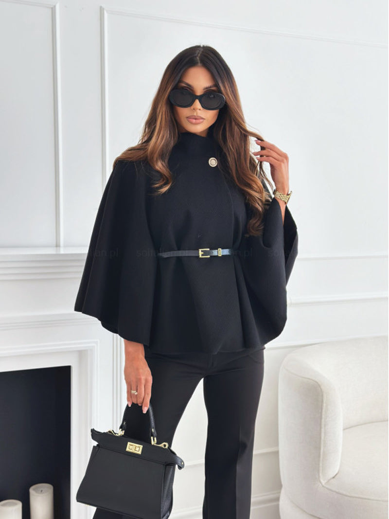 Women Tweed Waist Cinching Poncho, Autumn Winter Loose Outwear, Single Buckle Sleeve Coat Elegant Lady Trend