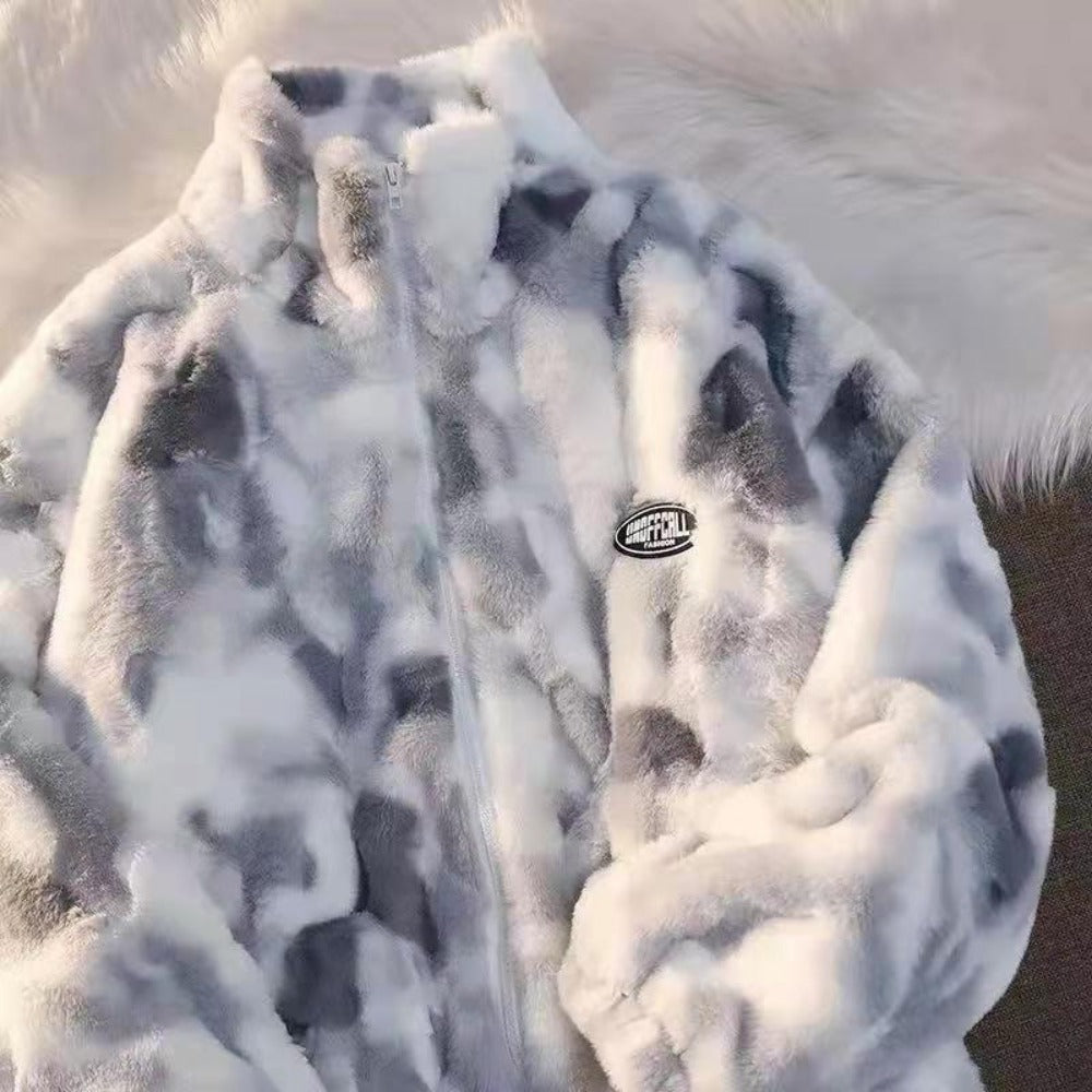 Women Tie Dye Lamb Fleece Jacket, Autumn Winter Warm Coat, Zipper Plush Outerwear, Casual Loose Thick Jacket for Ladies