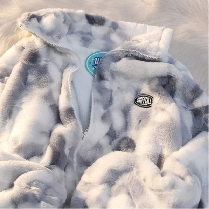 Women Tie Dye Lamb Fleece Jacket, Autumn Winter Warm Coat, Zipper Plush Outerwear, Casual Loose Thick Jacket for Ladies