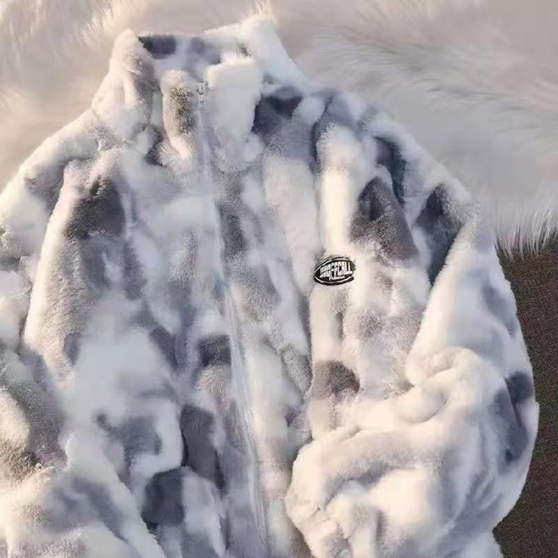 Women Tie Dye Lamb Fleece Jacket, Autumn Winter Warm Coat, Zipper Plush Outerwear, Casual Loose Thick Jacket for Ladies