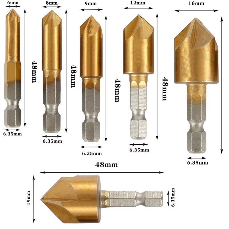 Hex Shank FiveBlade Countersink Drill Bit  619mm Chamfering  Reaming Tool For Precision Woodworking 1