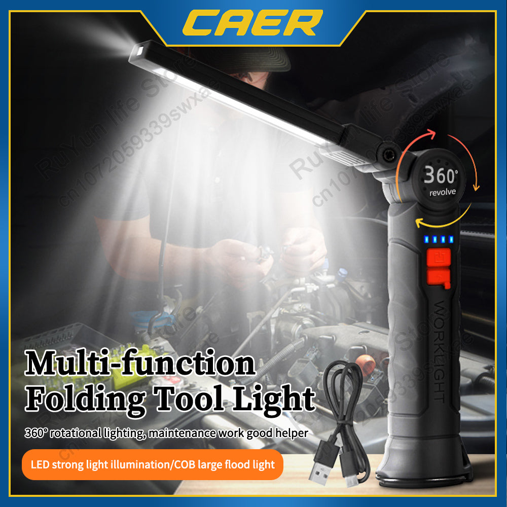 Rechargeable COB Work Light, Portable LED Flashlight for Camping, Waterproof Magnetic Torch with Hook