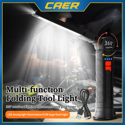 Rechargeable COB Work Light, Portable LED Flashlight for Camping, Waterproof Magnetic Torch with Hook