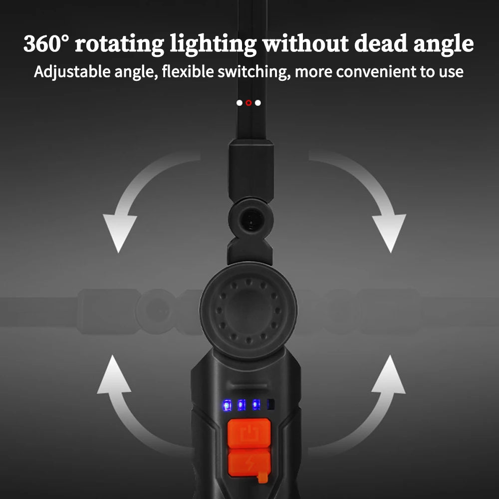 Rechargeable COB Work Light, Portable LED Flashlight for Camping, Waterproof Magnetic Torch with Hook