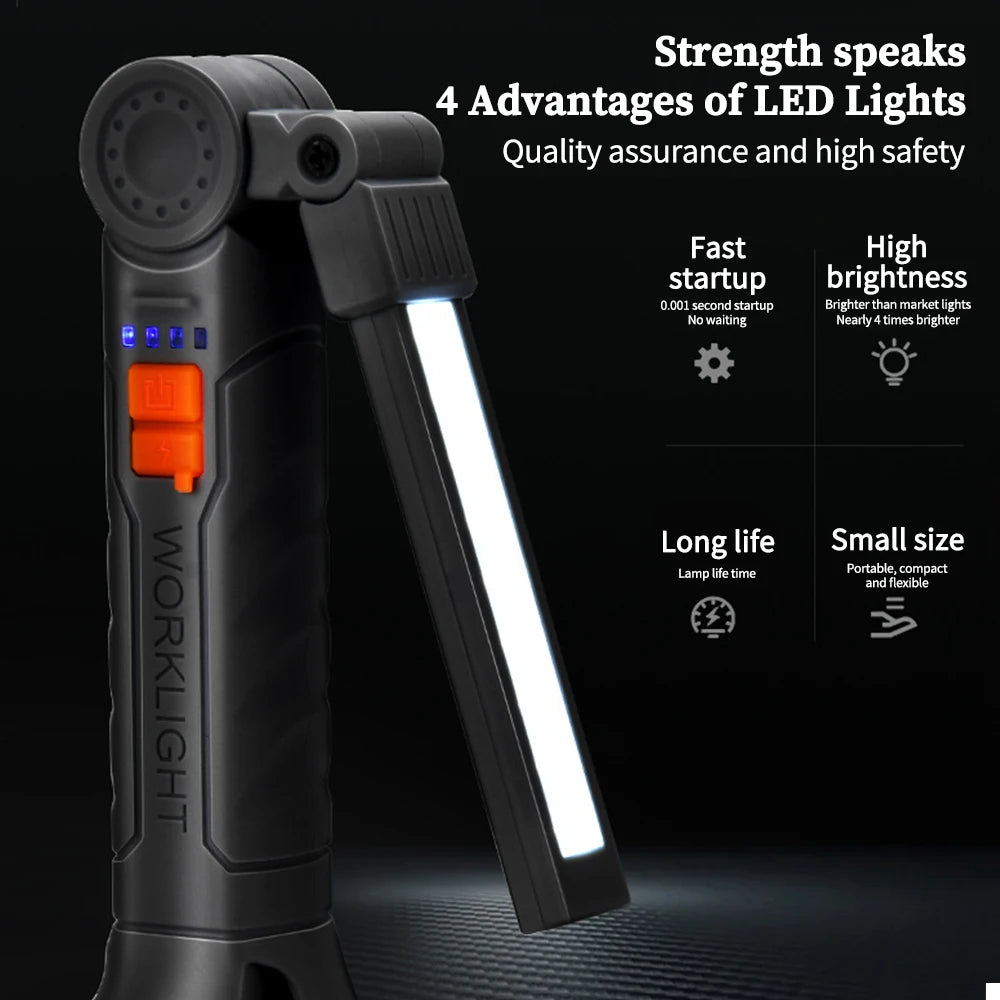 Rechargeable COB Work Light, Portable LED Flashlight for Camping, Waterproof Magnetic Torch with Hook