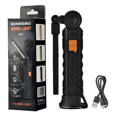 Rechargeable COB Work Light, Portable LED Flashlight for Camping, Waterproof Magnetic Torch with Hook