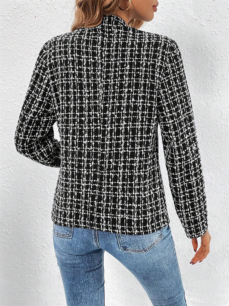 Women Fashion Casual Cardigan, Plaid Cropped Blazer Vintage Long Sleeve Chic Female Slim Outerwear Office Lady Suit Jack