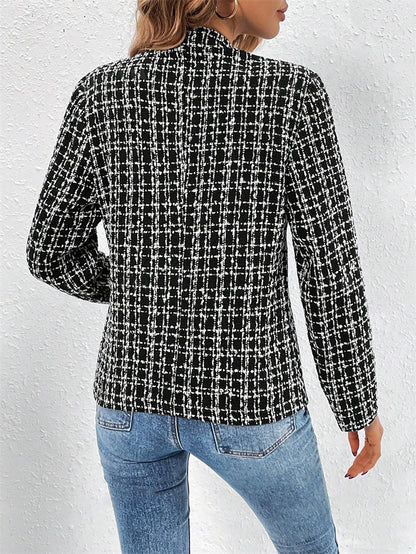 Women Fashion Casual Cardigan, Plaid Cropped Blazer Vintage Long Sleeve Chic Female Slim Outerwear Office Lady Suit Jack