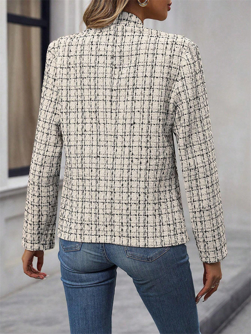 Women Fashion Casual Cardigan Plaid Cropped Blazer Vintage Long Sleeve Chic Female Slim Outerwear O 2