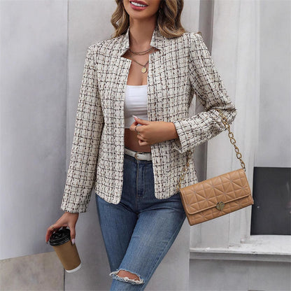 Women Fashion Casual Cardigan Plaid Cropped Blazer Vintage Long Sleeve Chic Female Slim Outerwear O 4