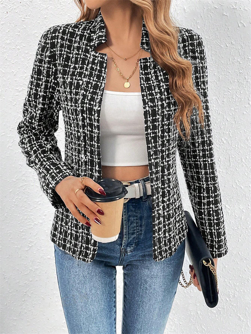 Women Fashion Casual Cardigan Plaid Cropped Blazer Vintage Long Sleeve Chic Female Slim Outerwear O 5