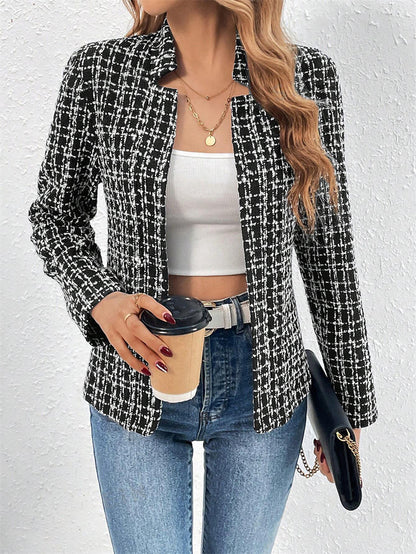 Women Fashion Casual Cardigan Plaid Cropped Blazer Vintage Long Sleeve Chic Female Slim Outerwear O 5