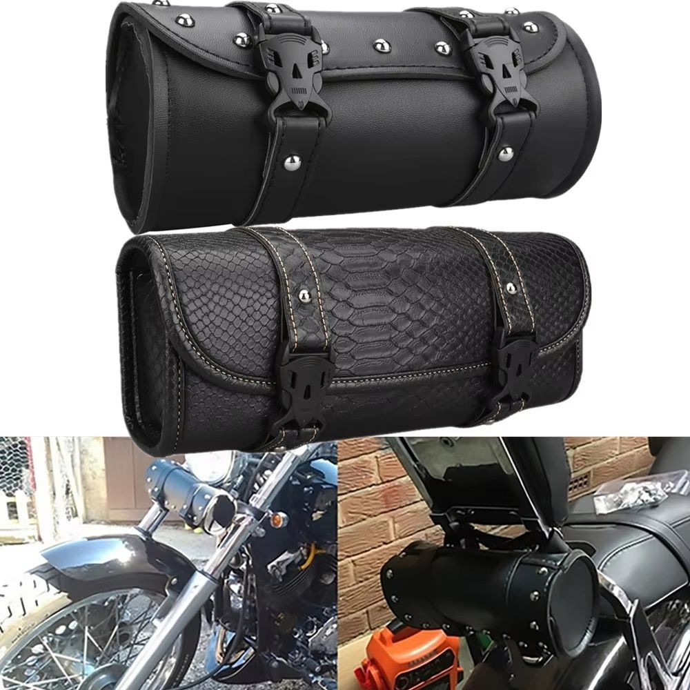 Faux Leather Motorcycle Front Fork Tool Bag – Waterproof Handlebar Roll Bag for Harley, Sportster, Kawasaki & Yamaha