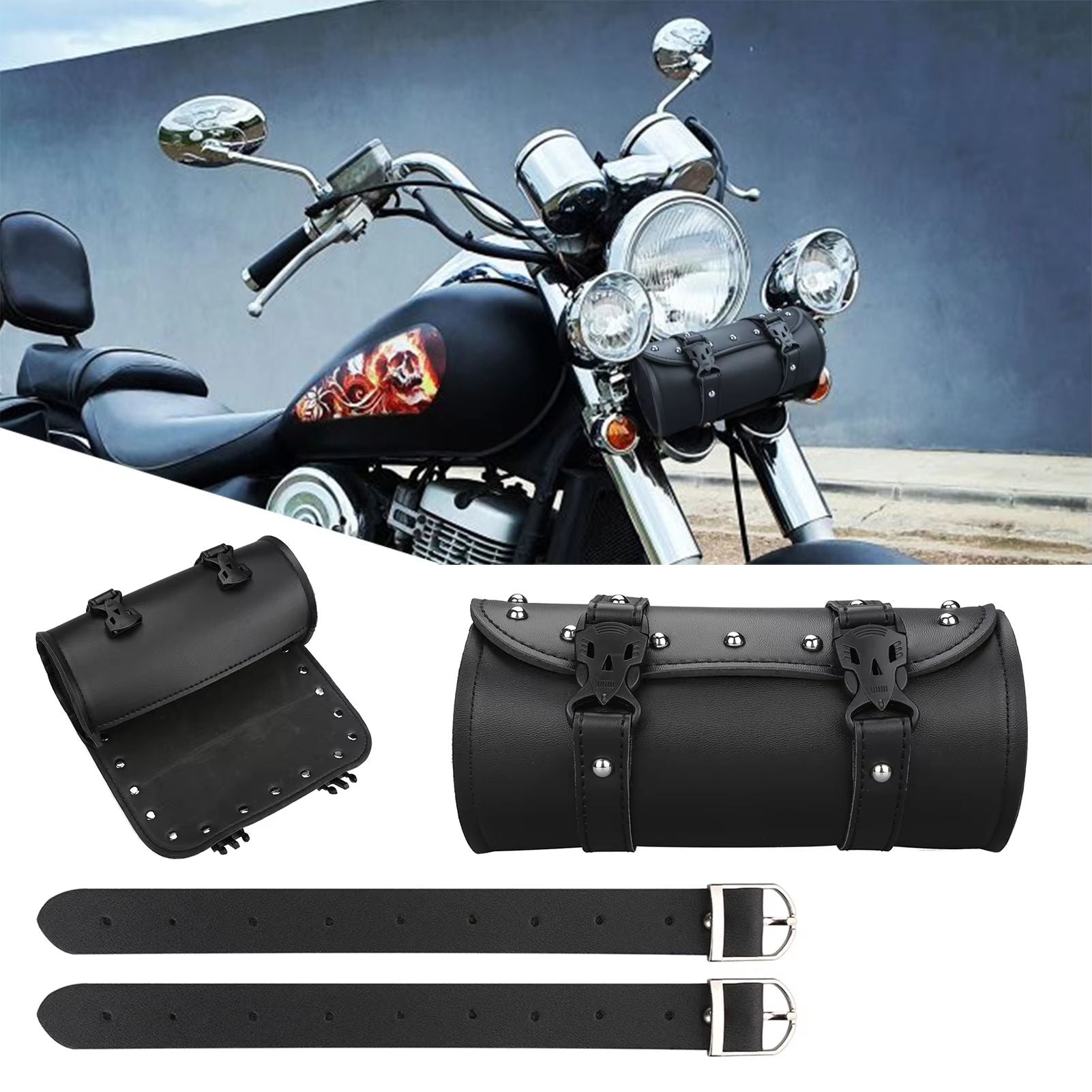 Faux Leather Motorcycle Front Fork Tool Bag  Waterproof Handlebar Roll Bag For Harley Sportster Kaw 1