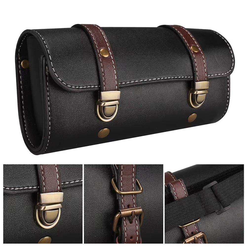 Faux Leather Motorcycle Front Fork Tool Bag  Waterproof Handlebar Roll Bag For Harley Sportster Kaw 5