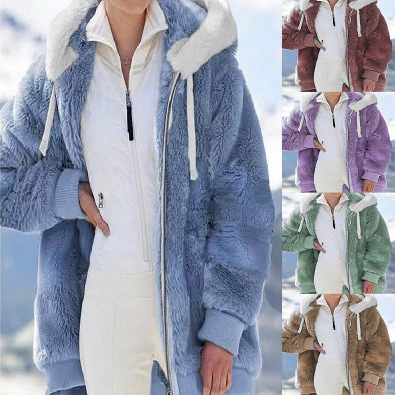 New Style Loose Plush Autumn Winter Zipper Hooded Jacket Woman