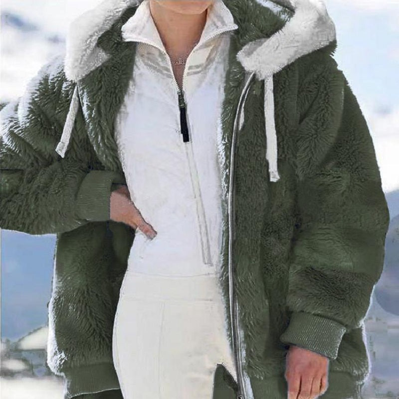 New Style Loose Plush Autumn Winter Zipper Hooded Jacket Woman