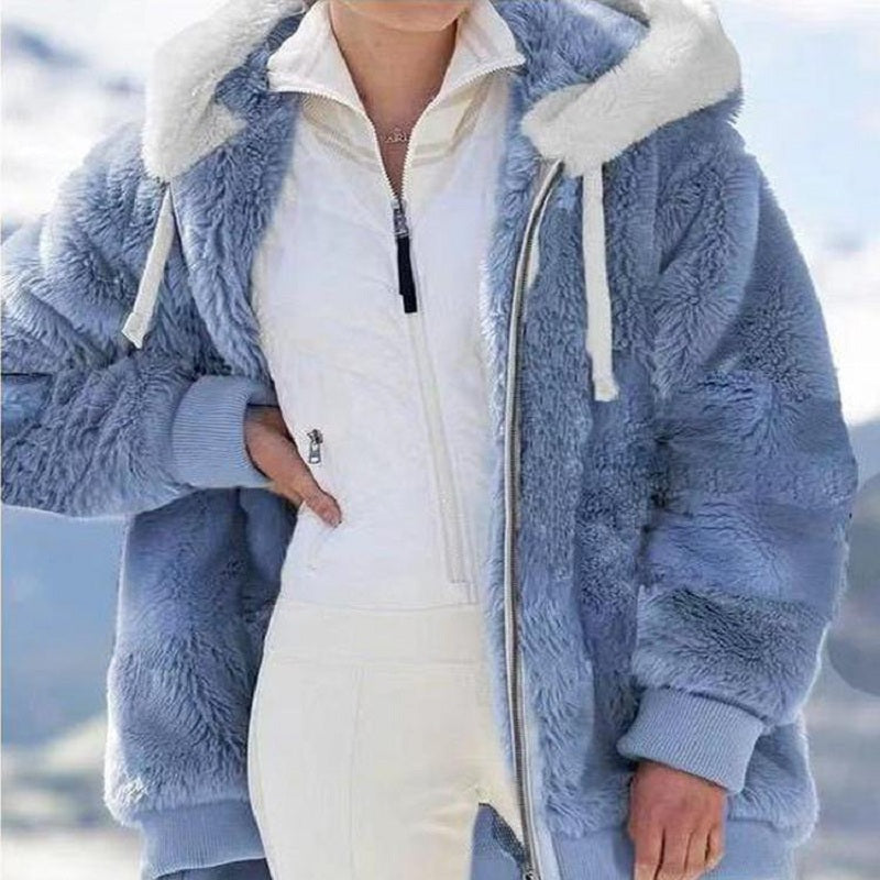 New Style Loose Plush Autumn Winter Zipper Hooded Jacket Woman