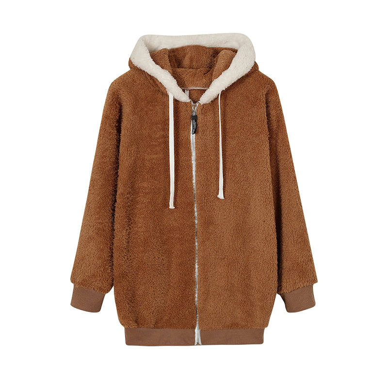 New Style Loose Plush Autumn Winter Zipper Hooded Jacket Woman