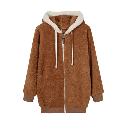 New Style Loose Plush Autumn Winter Zipper Hooded Jacket Woman