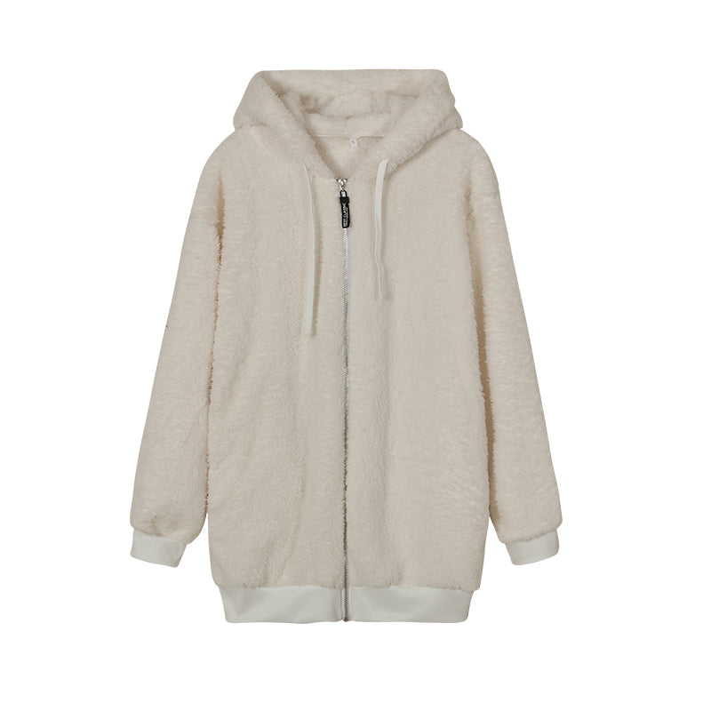 New Style Loose Plush Autumn Winter Zipper Hooded Jacket Woman