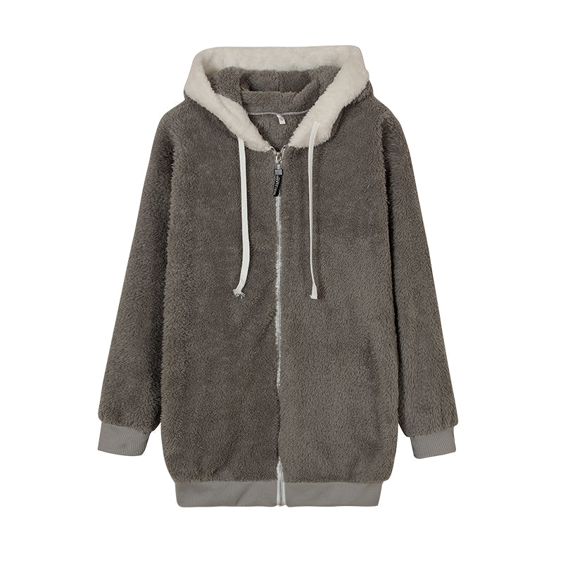 New Style Loose Plush Autumn Winter Zipper Hooded Jacket Woman