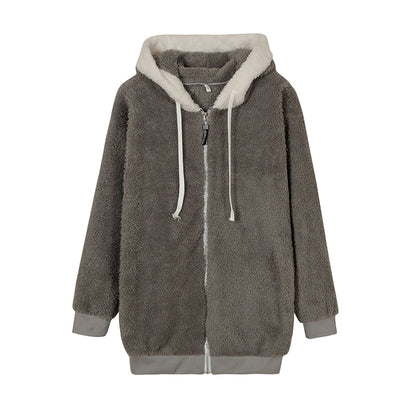 New Style Loose Plush Autumn Winter Zipper Hooded Jacket Woman