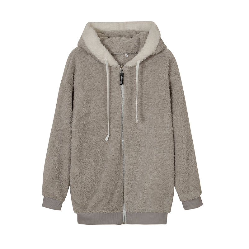 New Style Loose Plush Autumn Winter Zipper Hooded Jacket Woman