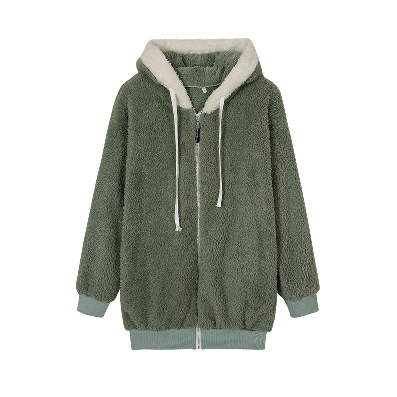 New Style Loose Plush Autumn Winter Zipper Hooded Jacket Woman