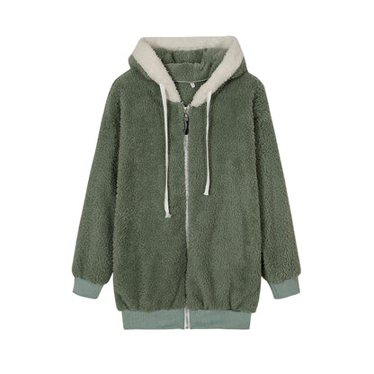 New Style Loose Plush Autumn Winter Zipper Hooded Jacket Woman