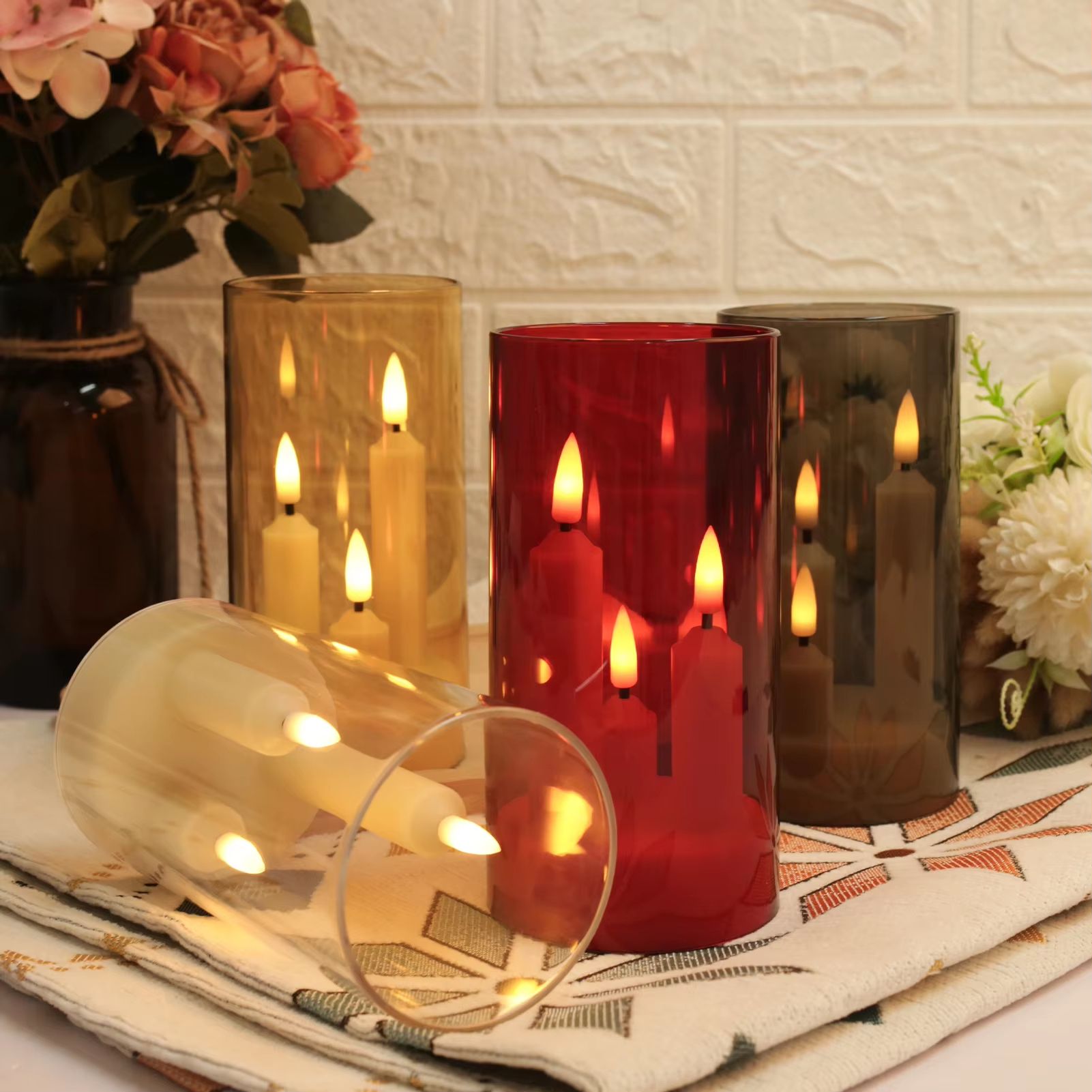 ClearAglow Trio 3-Wick Acrylic Flicker Candle Set - Battery-Operated LED Pillar for Weddings & Home Decor