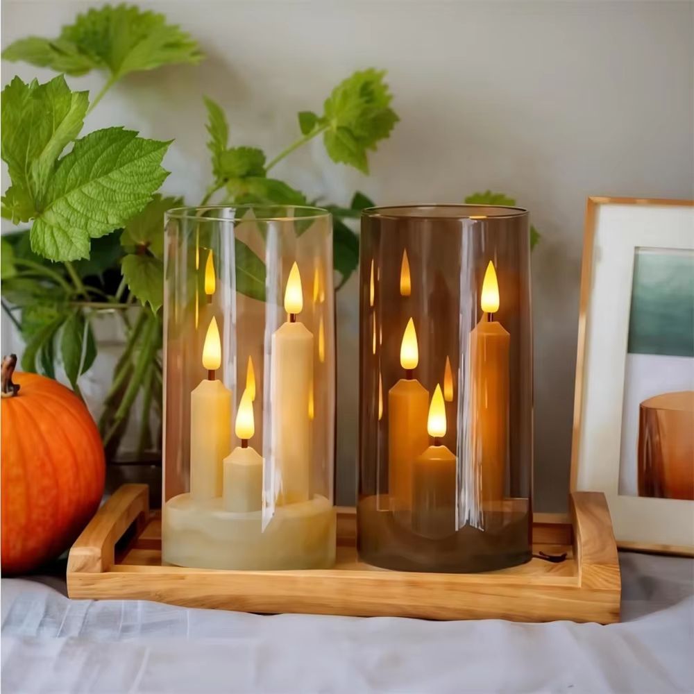 ClearAglow Trio 3Wick Acrylic Flicker Candle Set  BatteryOperated LED Pillar For Weddings  Home Dec 10