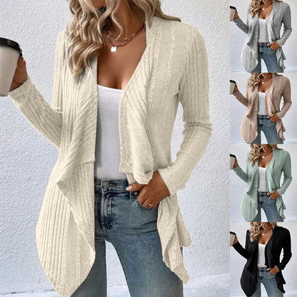 Autumn Winter Womens Knitted Sweater Jacket, Loose Long Sleeve Cardigan Top, Solid Color Casual Fashion Outerwear