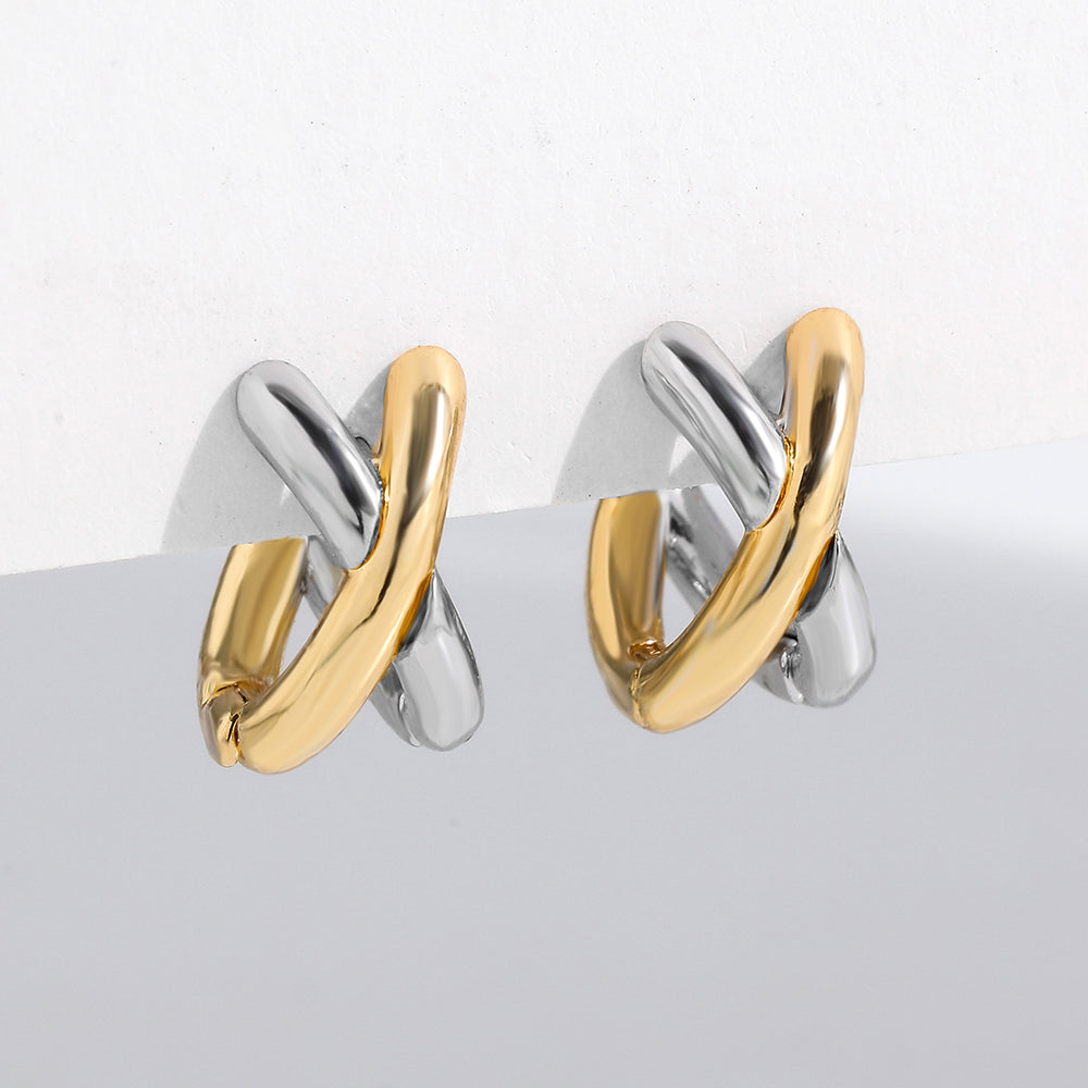 Mixing Metal Criss Cross Earrings, Punk Gold Plated Silver Color, Huggie Hoops Jewelry, For Women Geometric Ear-ring