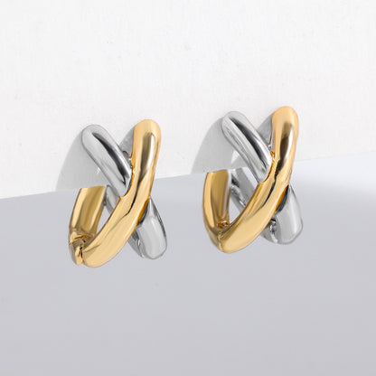 Mixing Metal Criss Cross Earrings, Punk Gold Plated Silver Color, Huggie Hoops Jewelry, For Women Geometric Ear-ring