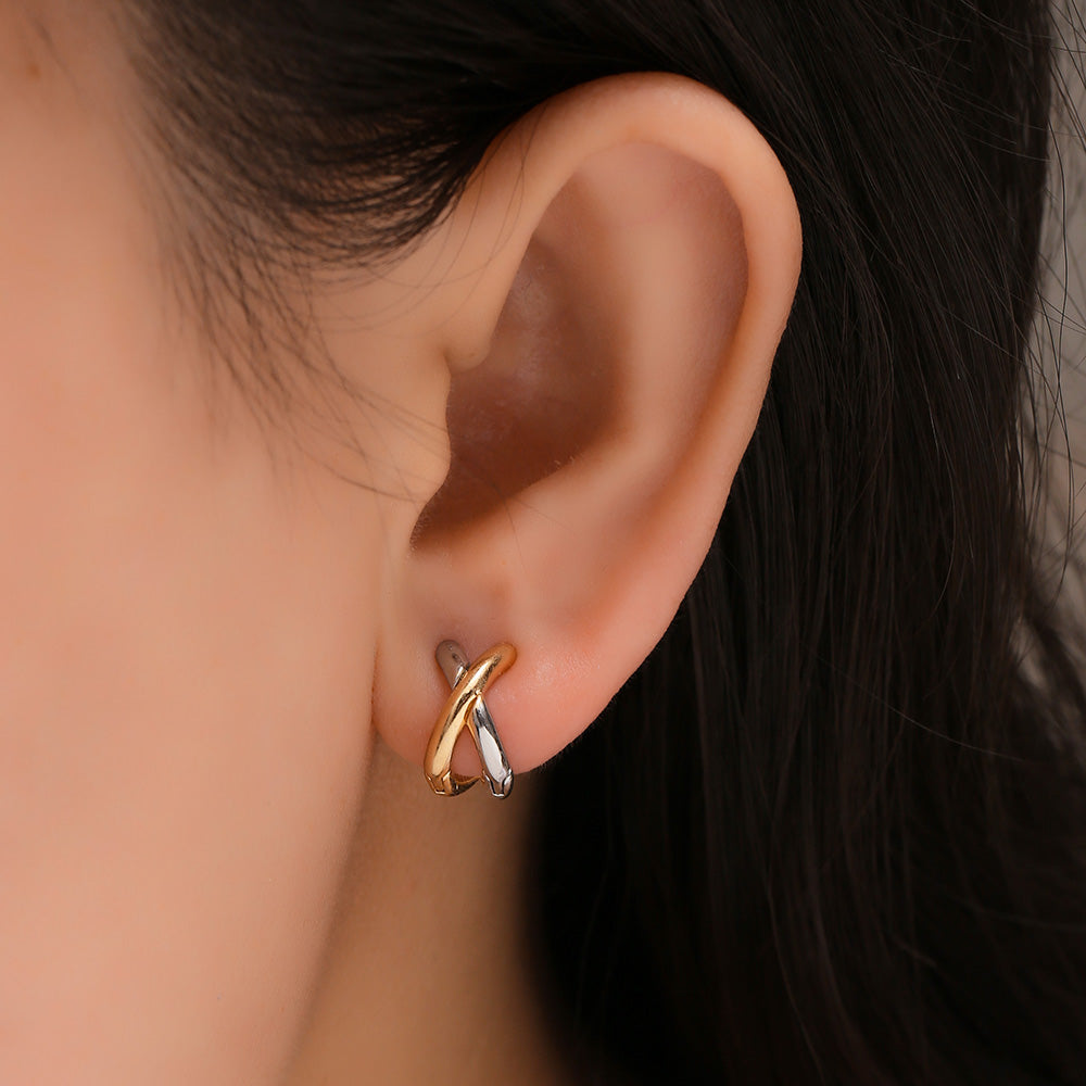 Mixing Metal Criss Cross Earrings Punk Gold Plated Silver Color Huggie Hoops Jewelry For Women Geom 1