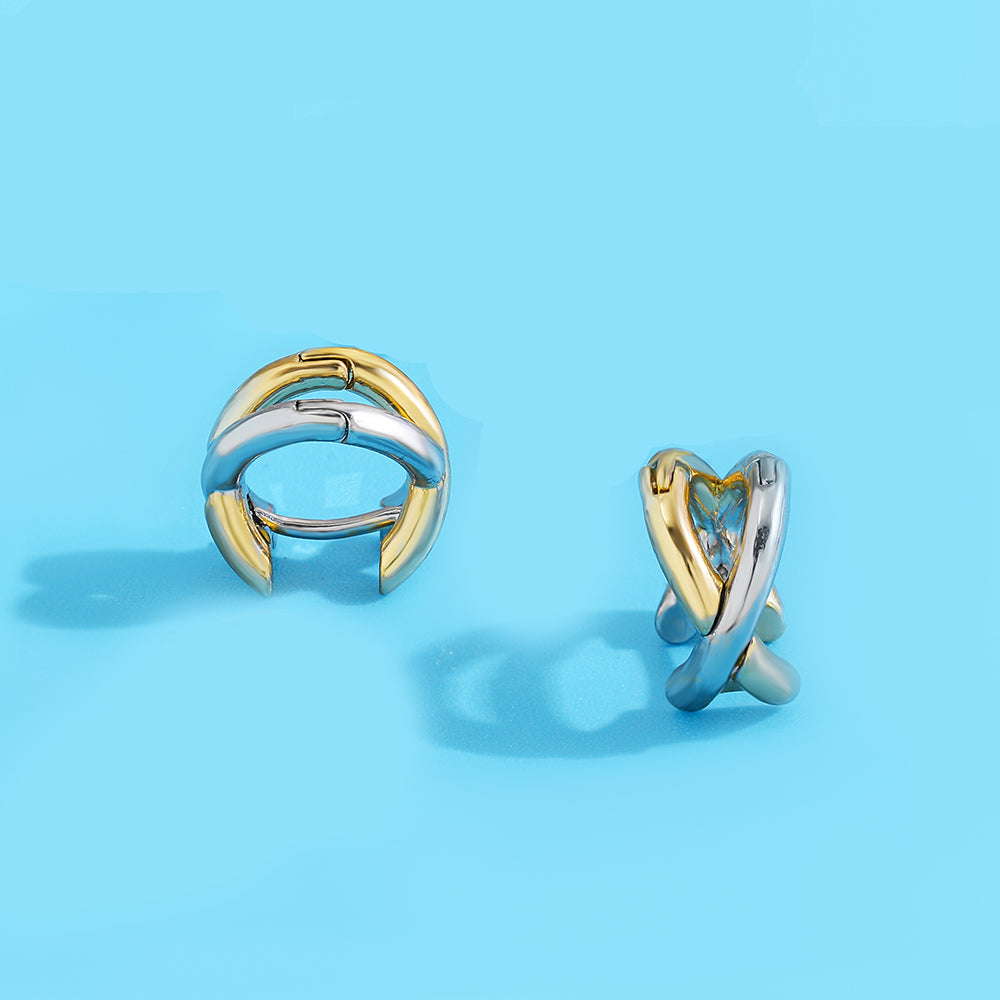 Mixing Metal Criss Cross Earrings Punk Gold Plated Silver Color Huggie Hoops Jewelry For Women Geom 2
